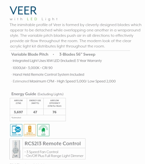 Minka Aire Veer 56" Ceiling Fan in with 16W LED Light and Remote Control