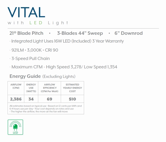 Minka Aire Vital 44" Pull Chain Ceiling Fan with 16W LED Light
