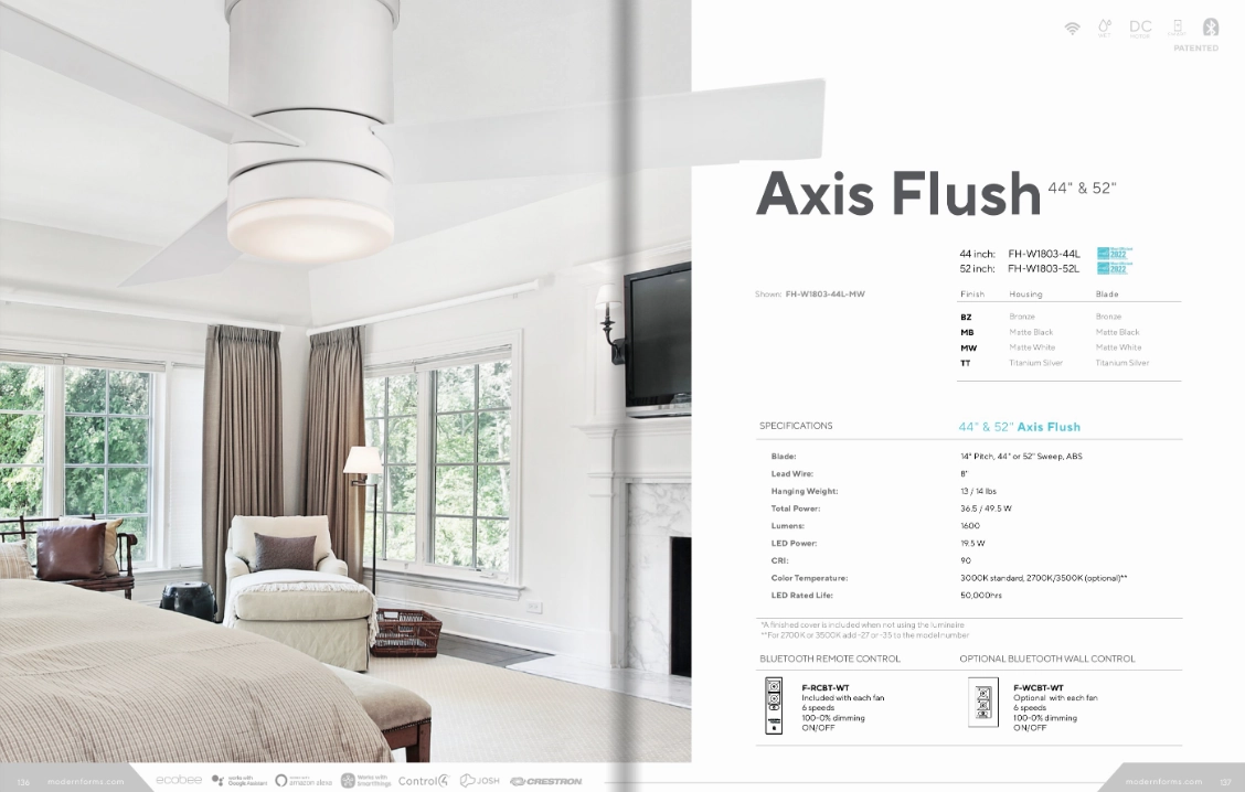 Modern Forms Fan Axis Smart Outdoor DC Flushmount Ceiling Fan with 19.5W CCT LED and Remote