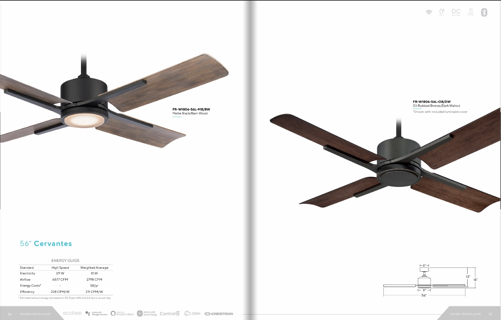 Modern Forms Fan Cervantes 56" Smart Outdoor DC Ceiling Fan with 19.5W CCT LED and Remote