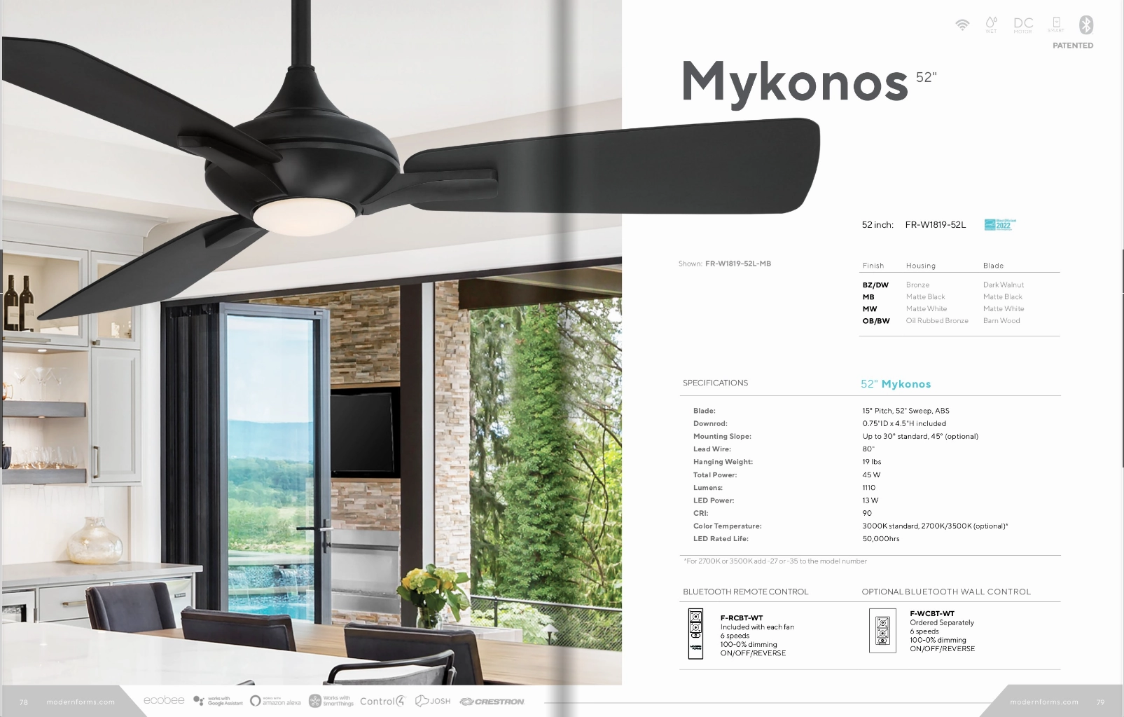 Modern Forms Fan Mykonos 52" Smart Outdoor DC Ceiling Fan with 13W CCT LED and Remote