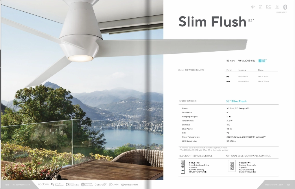 Modern Forms Fan Slim 52" Smart Outdoor DC Flushmount Ceiling Fan with 11.5W CCT LED and Remote