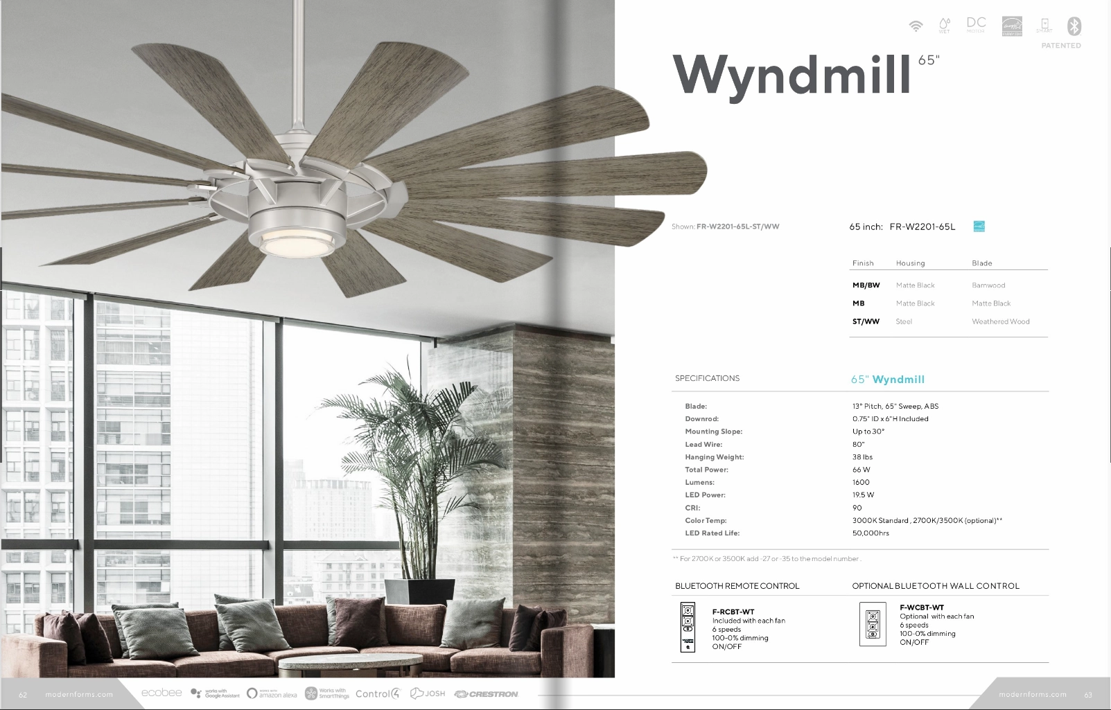 Modern Forms Fan Wynd Mill 65" Smart Outdoor DC Ceiling Fan with 19.5W CCT LED and Remote