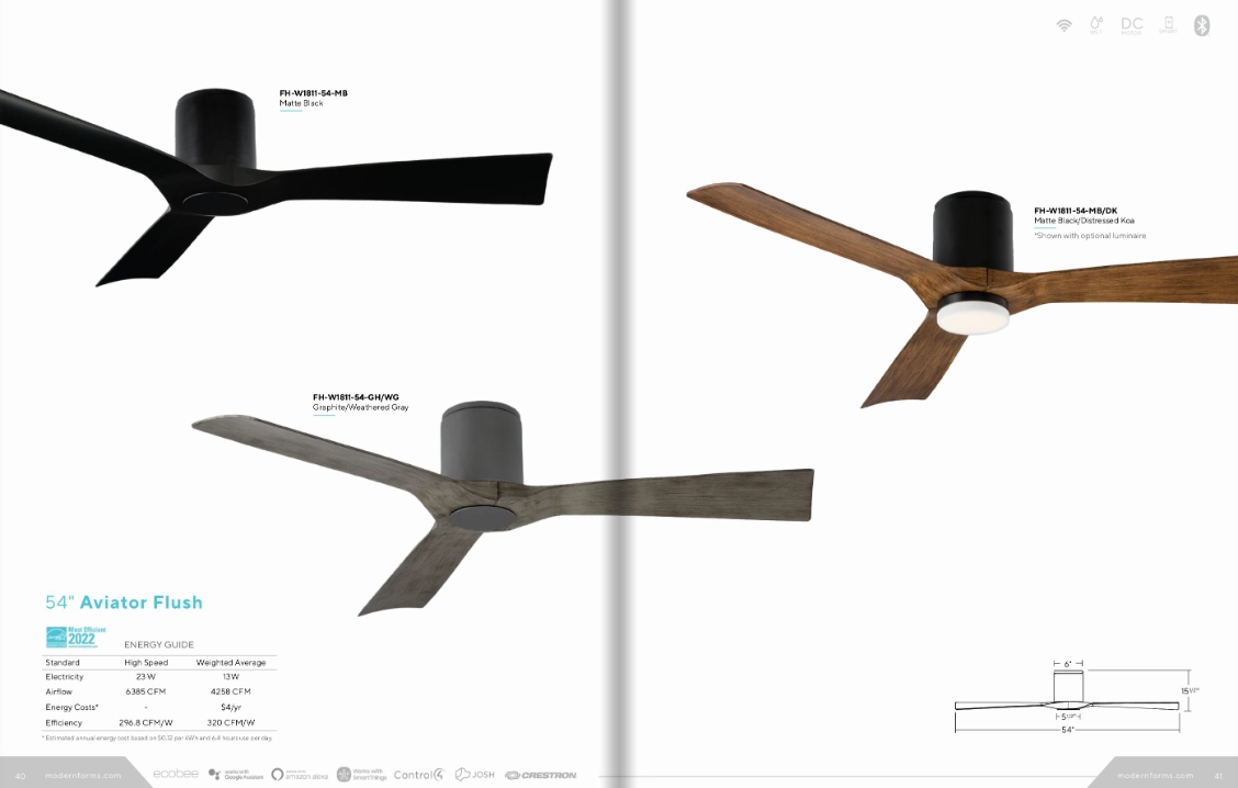Modern Forms Fans Aviator 54" Smart Outdoor Flushmount DC Ceiling Fan with 19.5W LED CCT LED and Remote