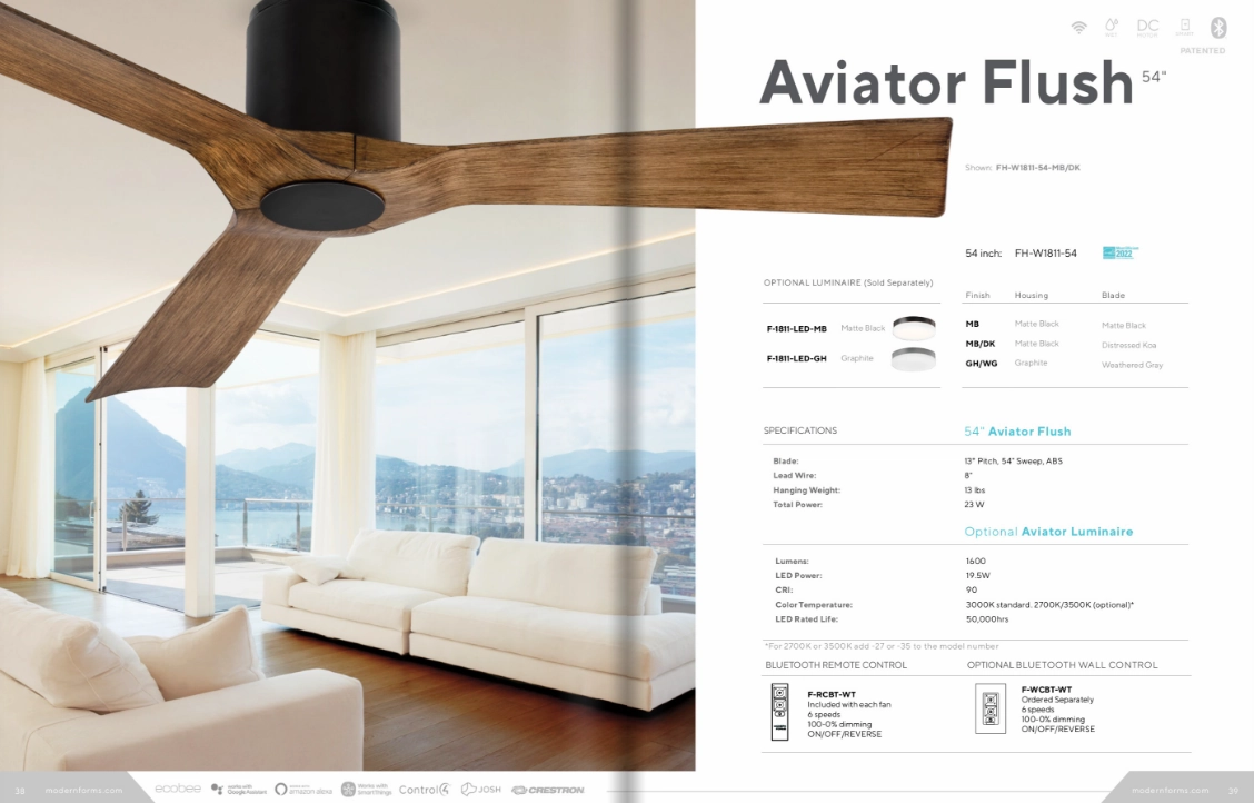 Modern Forms Fans Aviator 54" Smart Outdoor Flushmount DC Ceiling Fan with 19.5W LED CCT LED and Remote