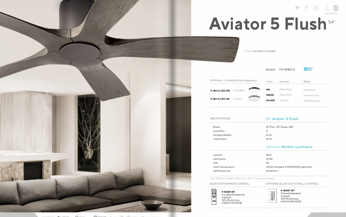 Modern Forms Fans Aviator 5 54" Smart Outdoor Flushmount DC Ceiling Fan with 19.5W CCT LED and Remote