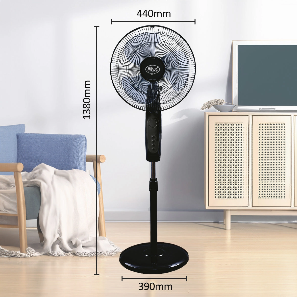MyChoice 16" Stand Fan  Adjustable Height, Oscillation, Powerful, Quiet, Energy-efficient Cooling, Home/Office, 3-Speed, black, MC40