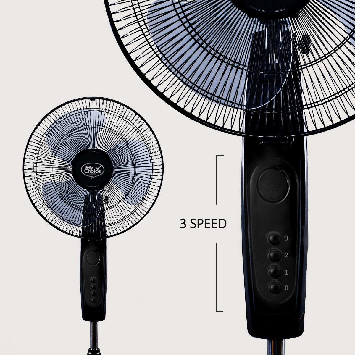 MyChoice 16" Stand Fan  Adjustable Height, Oscillation, Powerful, Quiet, Energy-efficient Cooling, Home/Office, 3-Speed, black, MC40