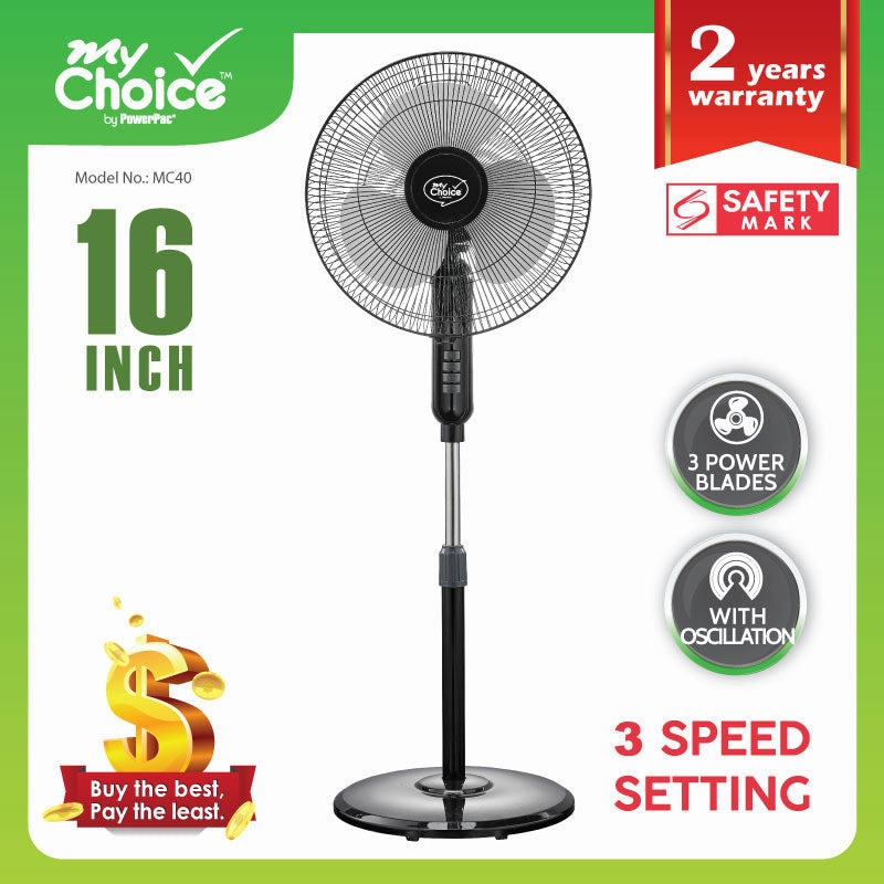 MyChoice 16" Stand Fan  Adjustable Height, Oscillation, Powerful, Quiet, Energy-efficient Cooling, Home/Office, 3-Speed, black, MC40