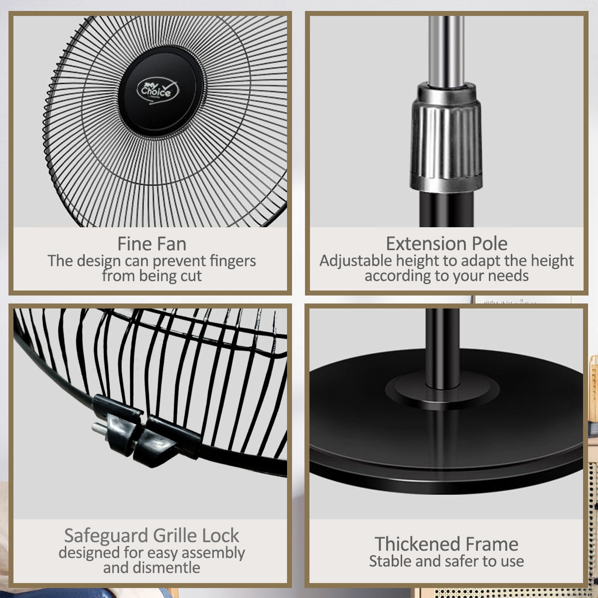 MyChoice 16" Stand Fan  Adjustable Height, Oscillation, Powerful, Quiet, Energy-efficient Cooling, Home/Office, 3-Speed, black, MC40