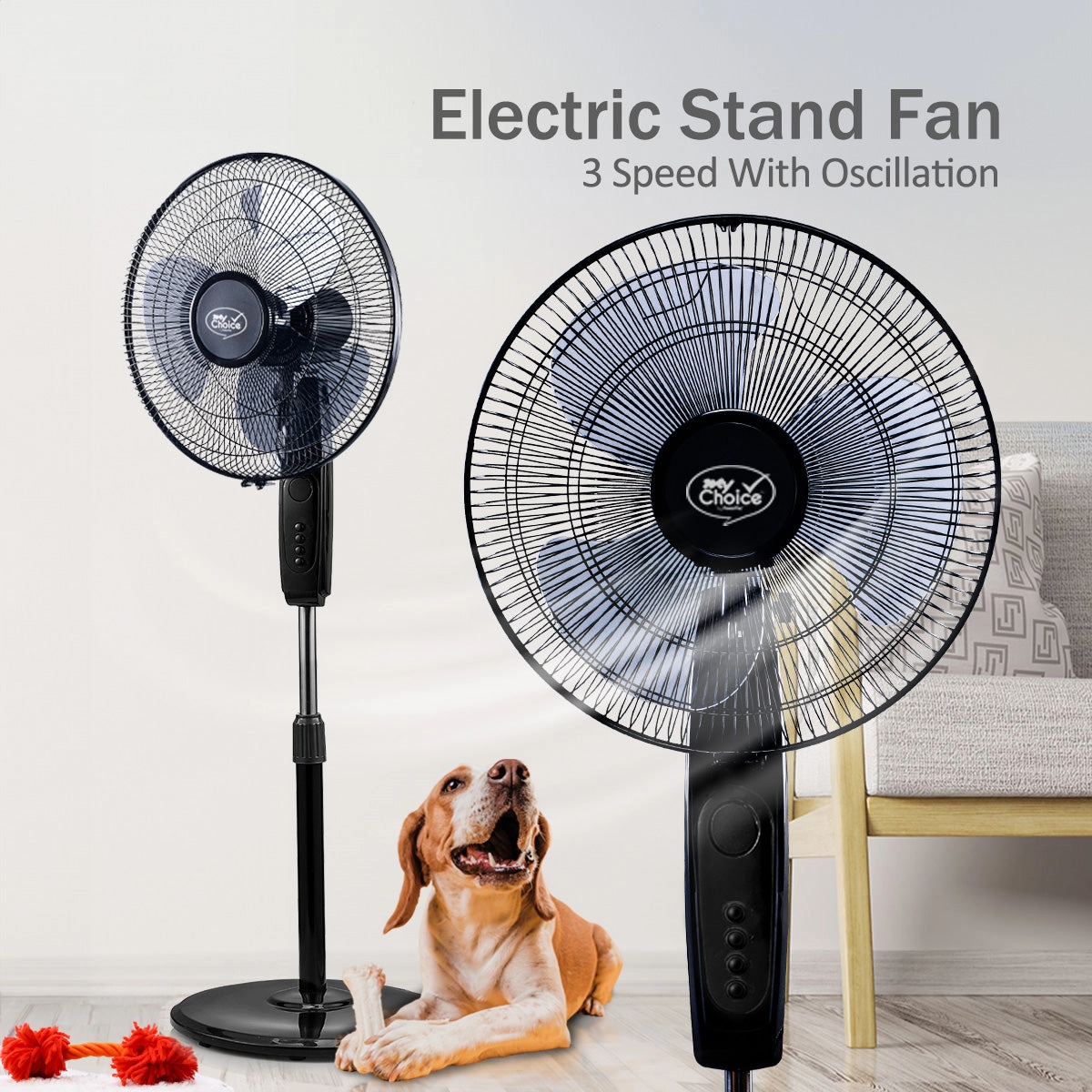 MyChoice 16" Stand Fan  Adjustable Height, Oscillation, Powerful, Quiet, Energy-efficient Cooling, Home/Office, 3-Speed, black, MC40