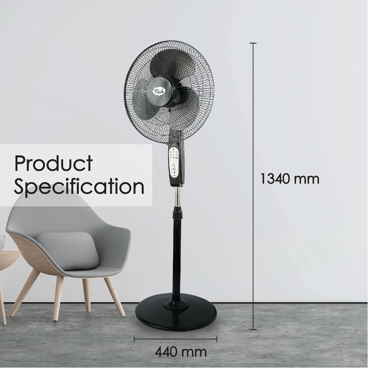 MyChoice 16" Stand Fan  Remote Control, Adjustable Height, Oscillation, Timer, Powerful, Energy-efficient Cooling, 3-Speed, black, MC408R