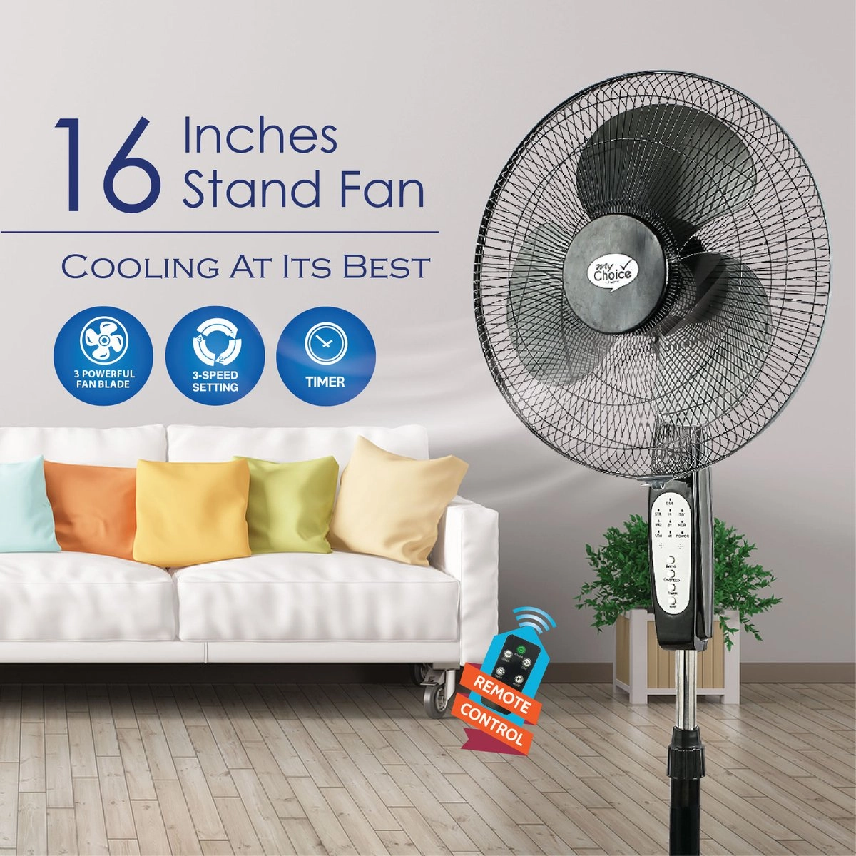 MyChoice 16" Stand Fan  Remote Control, Adjustable Height, Oscillation, Timer, Powerful, Energy-efficient Cooling, 3-Speed, black, MC408R