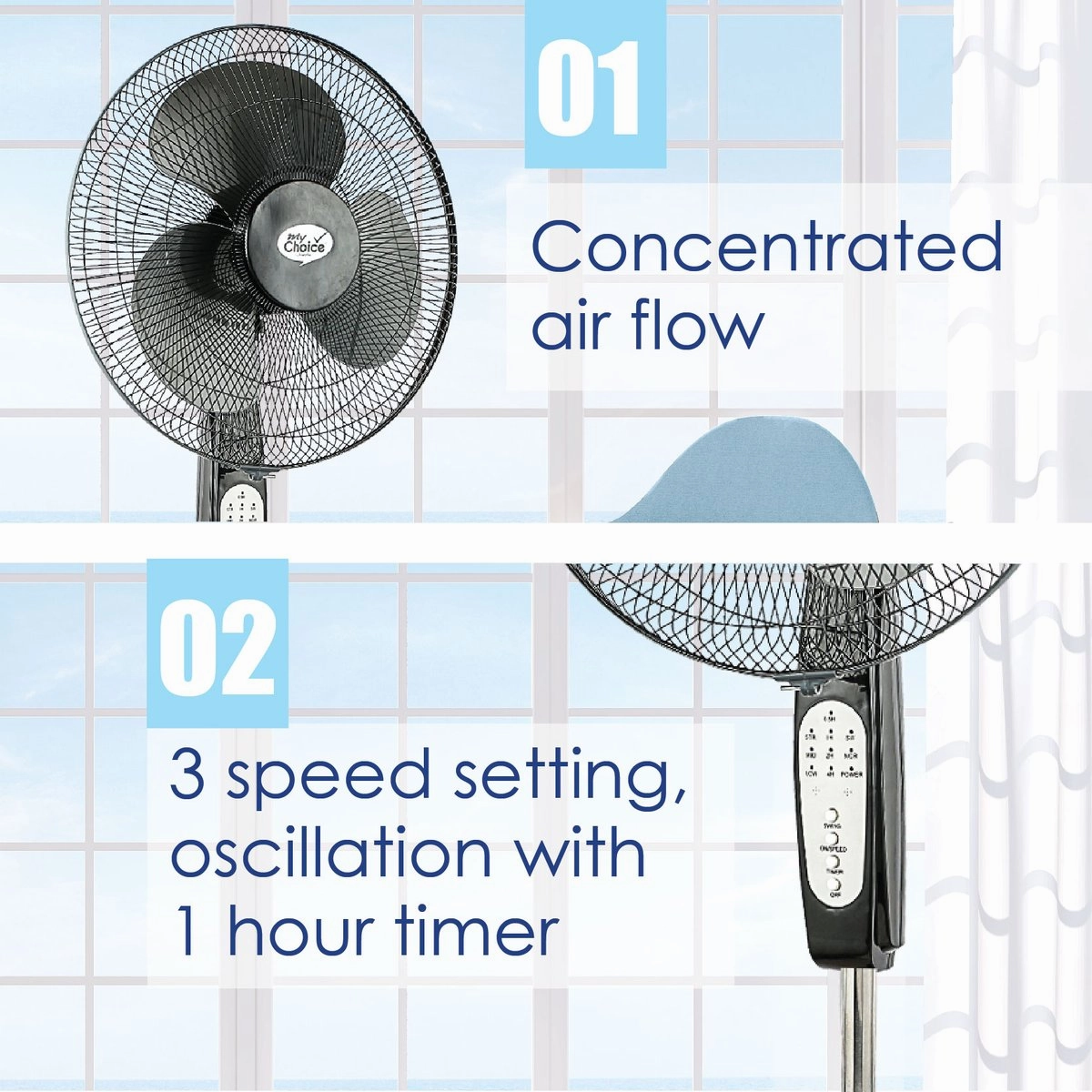 MyChoice 16" Stand Fan  Remote Control, Adjustable Height, Oscillation, Timer, Powerful, Energy-efficient Cooling, 3-Speed, black, MC408R