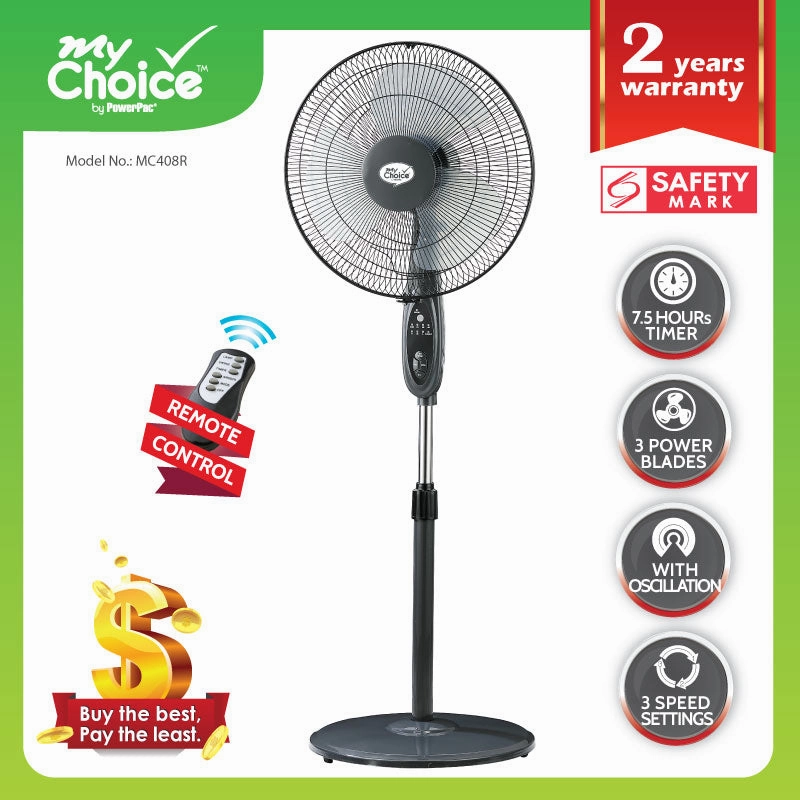MyChoice 16" Stand Fan  Remote Control, Adjustable Height, Oscillation, Timer, Powerful, Energy-efficient Cooling, 3-Speed, black, MC408R