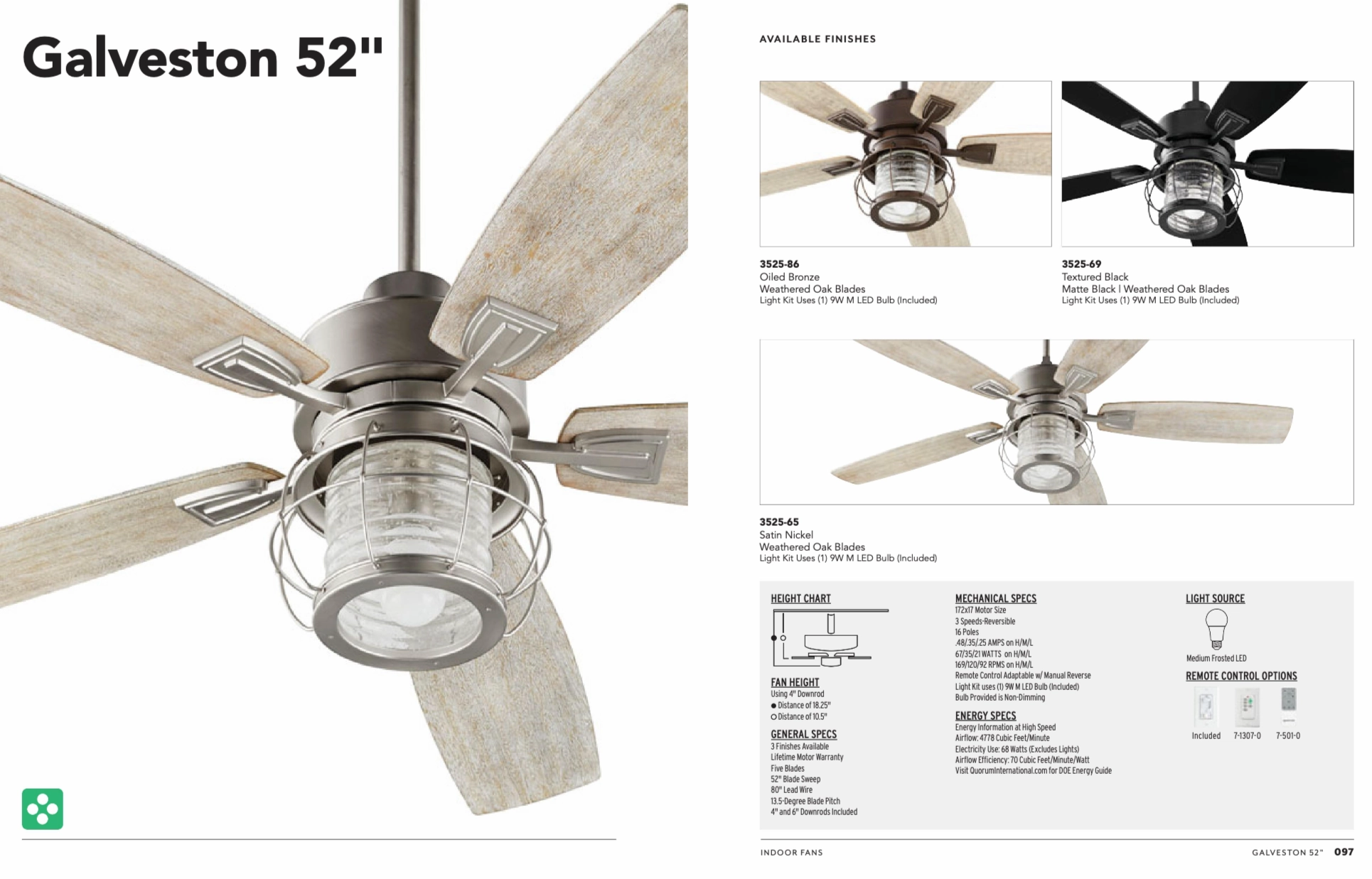 Quorum Galveson 52" Indoor Pullchain Ceiling Fan with 9W LED Light