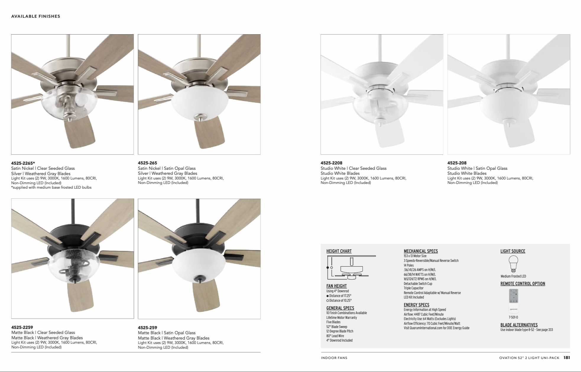 Quorum Ovation 52" 2 Light 18W LED Indoor Pull Chain Ceiling Fan