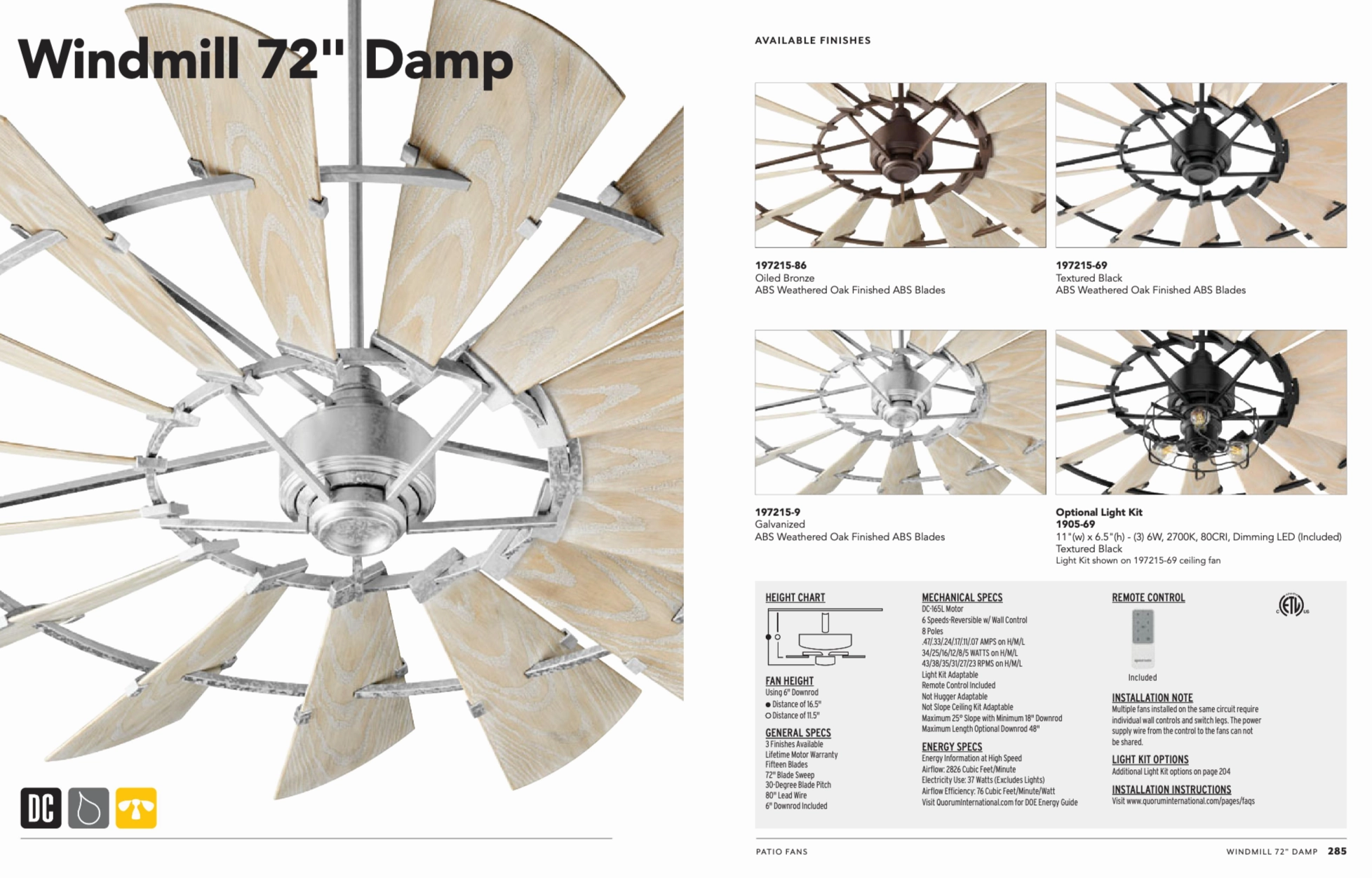 Quorum Windmill Indoor/Outdoor DC Farmhouse Patio Fan with Remote