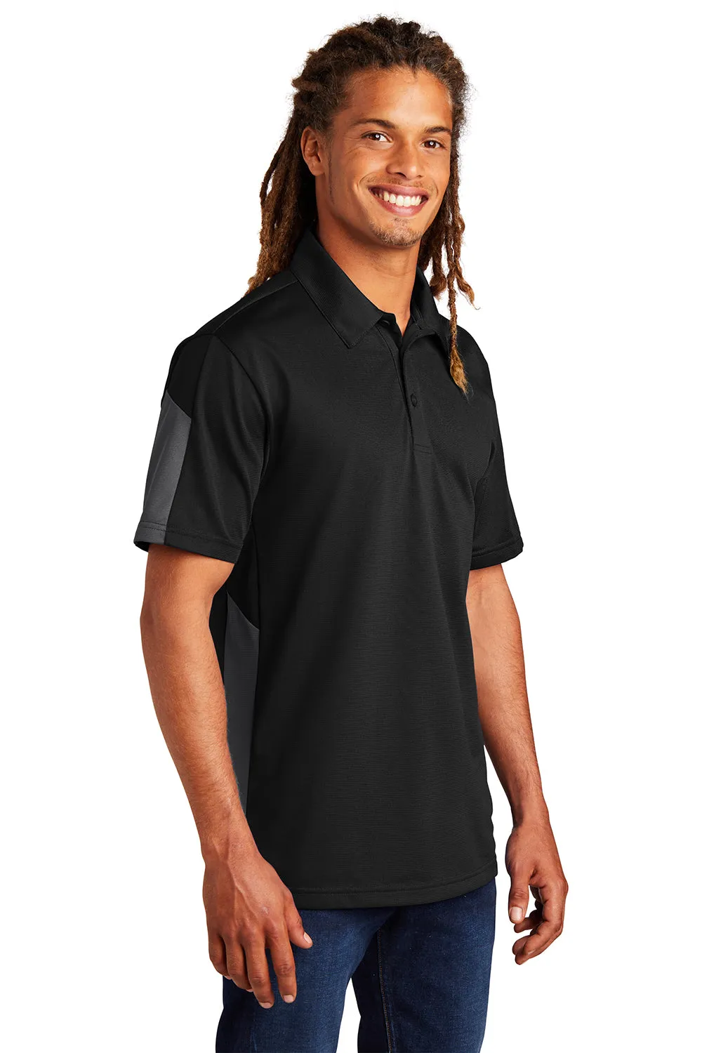 Sport-Tek Mens Active Mesh Moisture Wicking Short Sleeve Polo Shirt - Black/Grey Clothing Sport-Tek