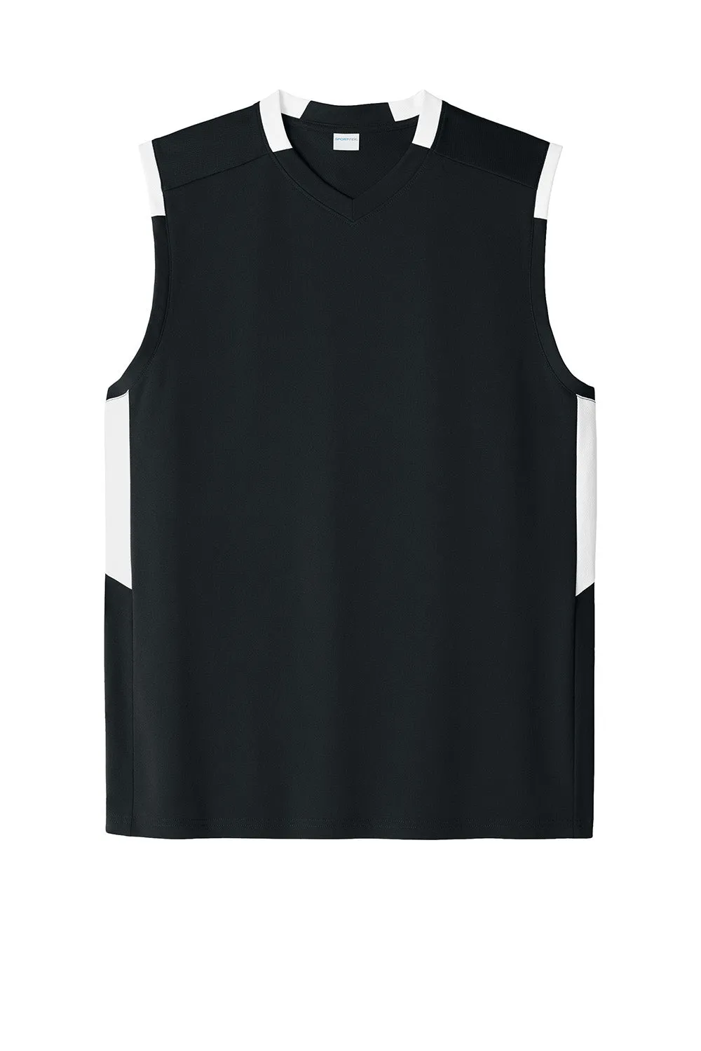 Sport-Tek Mens Club Moisture Wicking V-Neck Tank Top - Black/White Clothing Sport-Tek