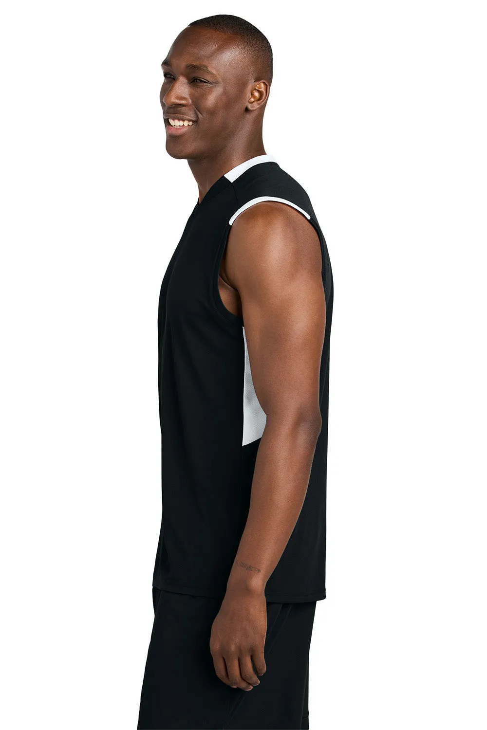 Sport-Tek Mens Club Moisture Wicking V-Neck Tank Top - Black/White Clothing Sport-Tek