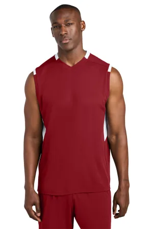 Sport-Tek Mens Club Moisture Wicking V-Neck Tank Top - Deep Red/White Clothing Sport-Tek