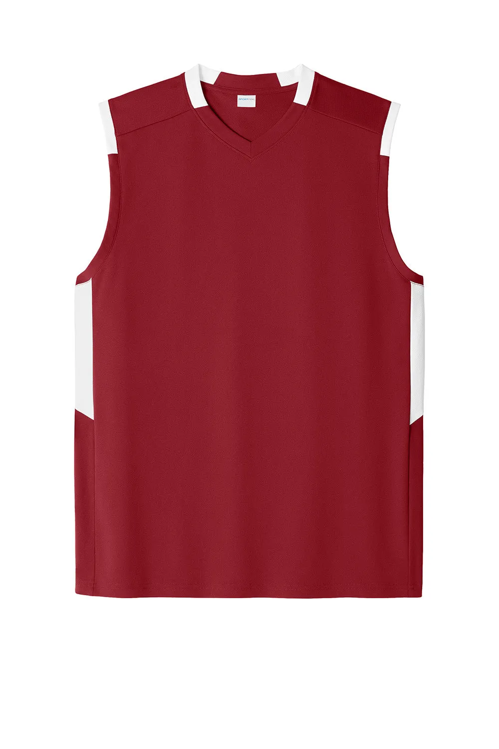 Sport-Tek Mens Club Moisture Wicking V-Neck Tank Top - Deep Red/White Clothing Sport-Tek