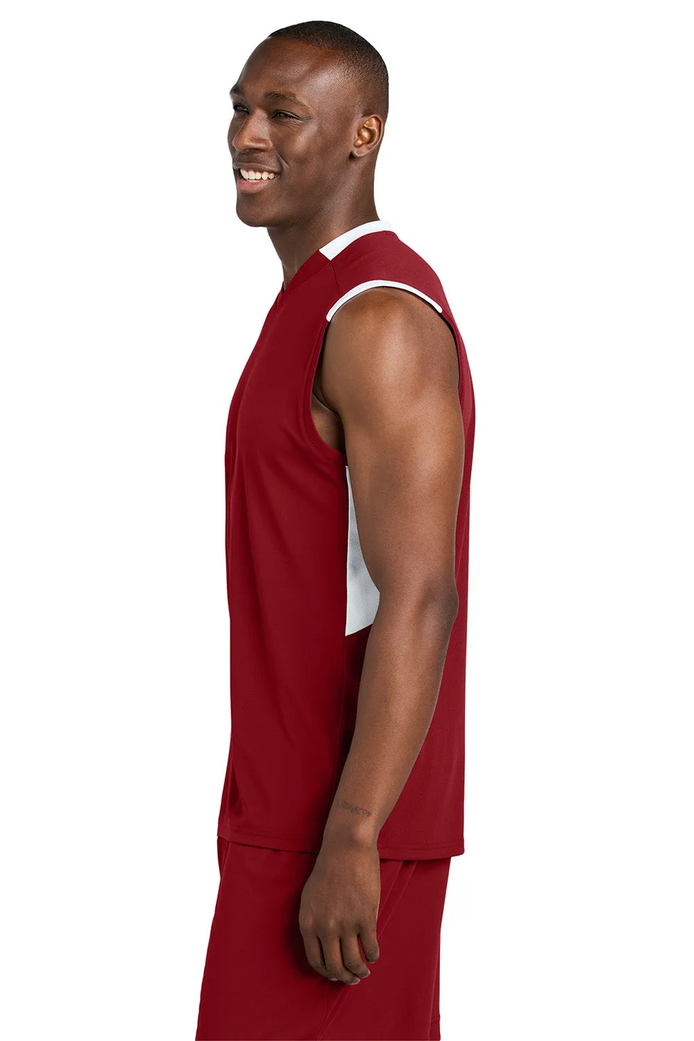 Sport-Tek Mens Club Moisture Wicking V-Neck Tank Top - Deep Red/White Clothing Sport-Tek
