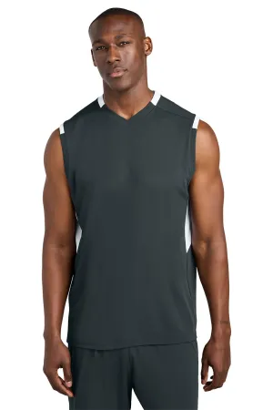 Sport-Tek Mens Club Moisture Wicking V-Neck Tank Top - Iron Grey/White Clothing Sport-Tek