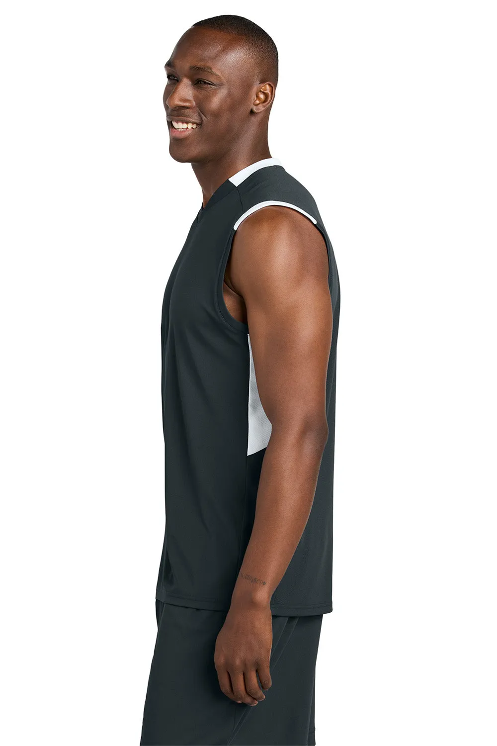 Sport-Tek Mens Club Moisture Wicking V-Neck Tank Top - Iron Grey/White Clothing Sport-Tek