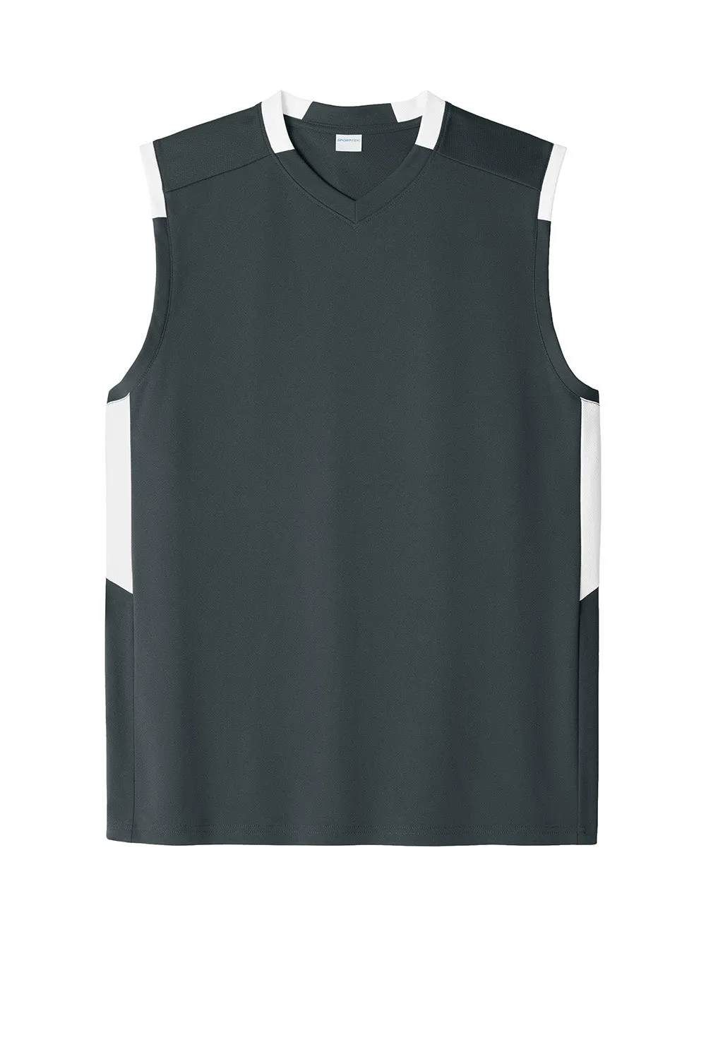 Sport-Tek Mens Club Moisture Wicking V-Neck Tank Top - Iron Grey/White Clothing Sport-Tek