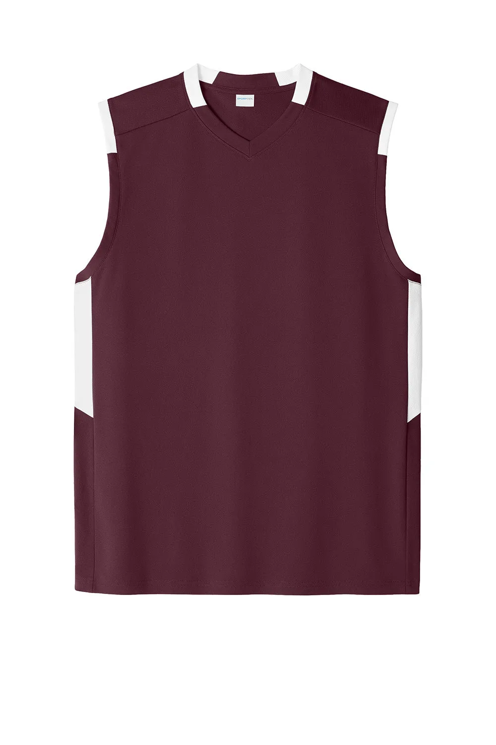 Sport-Tek Mens Club Moisture Wicking V-Neck Tank Top - Maroon/White Clothing Sport-Tek