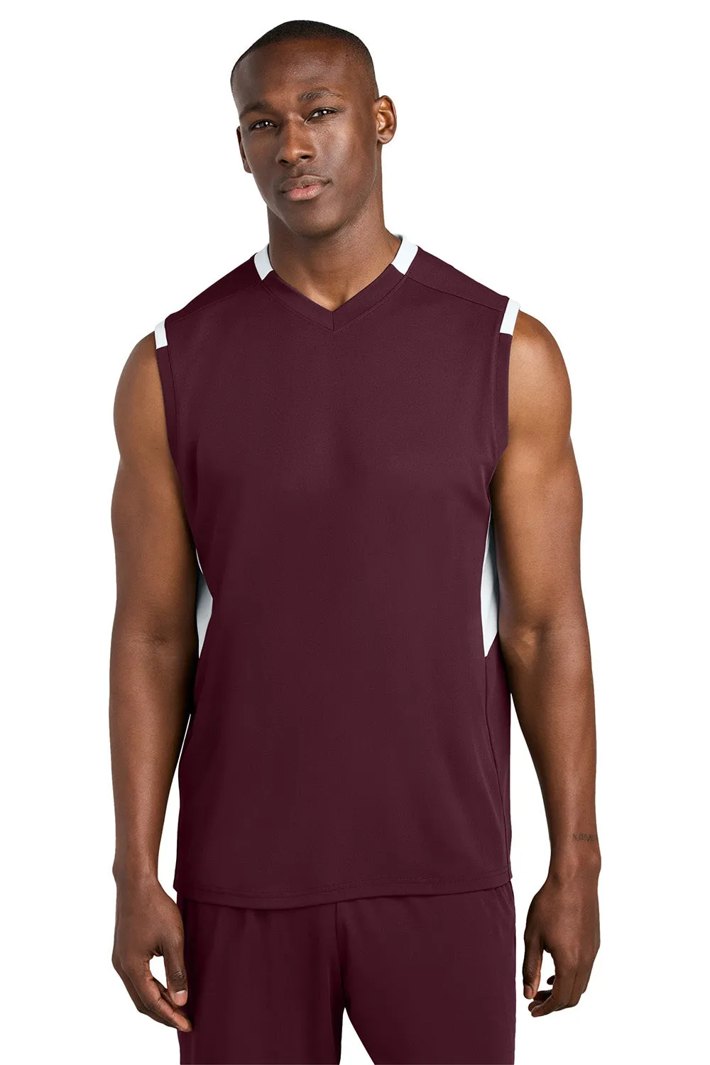 Sport-Tek Mens Club Moisture Wicking V-Neck Tank Top - Maroon/White Clothing Sport-Tek