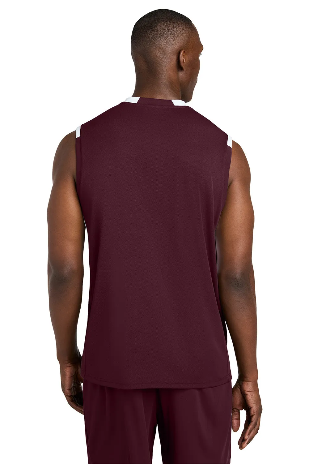 Sport-Tek Mens Club Moisture Wicking V-Neck Tank Top - Maroon/White Clothing Sport-Tek