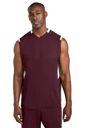 Sport-Tek Mens Club Moisture Wicking V-Neck Tank Top - Maroon/White Clothing Sport-Tek