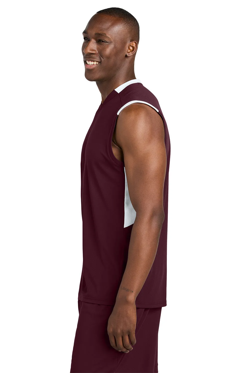 Sport-Tek Mens Club Moisture Wicking V-Neck Tank Top - Maroon/White Clothing Sport-Tek