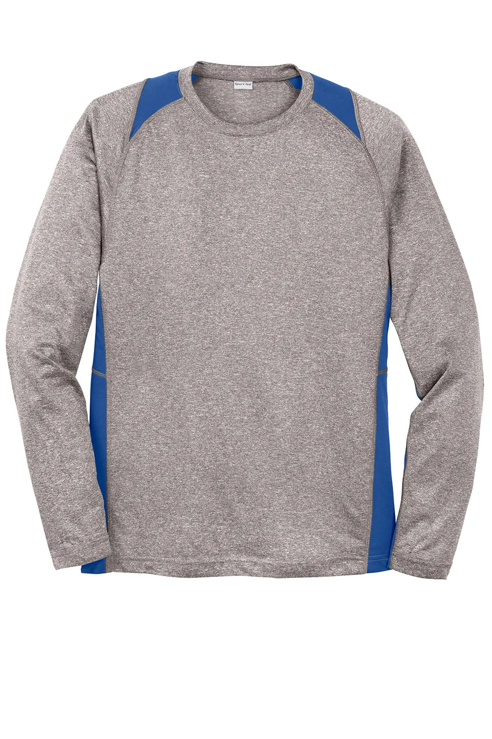 Sport-Tek Mens Contender Heather Moisture Wicking Long Sleeve Crewneck T-Shirt - Heather Vintage Grey/Royal Blue Clothing Sport-Tek
