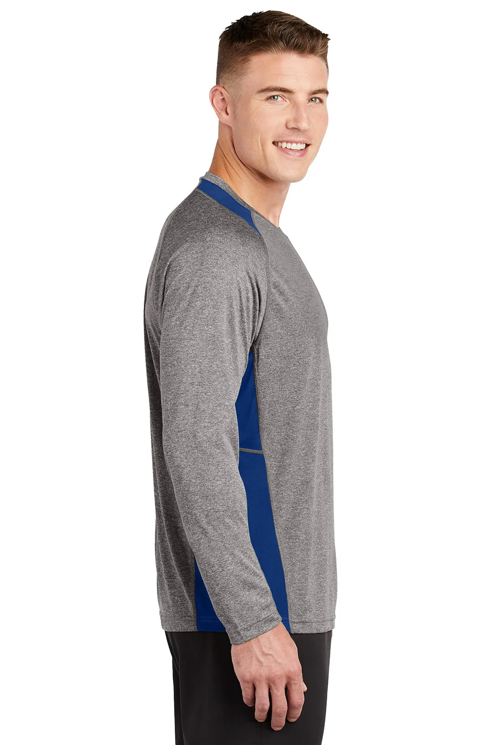 Sport-Tek Mens Contender Heather Moisture Wicking Long Sleeve Crewneck T-Shirt - Heather Vintage Grey/Royal Blue Clothing Sport-Tek
