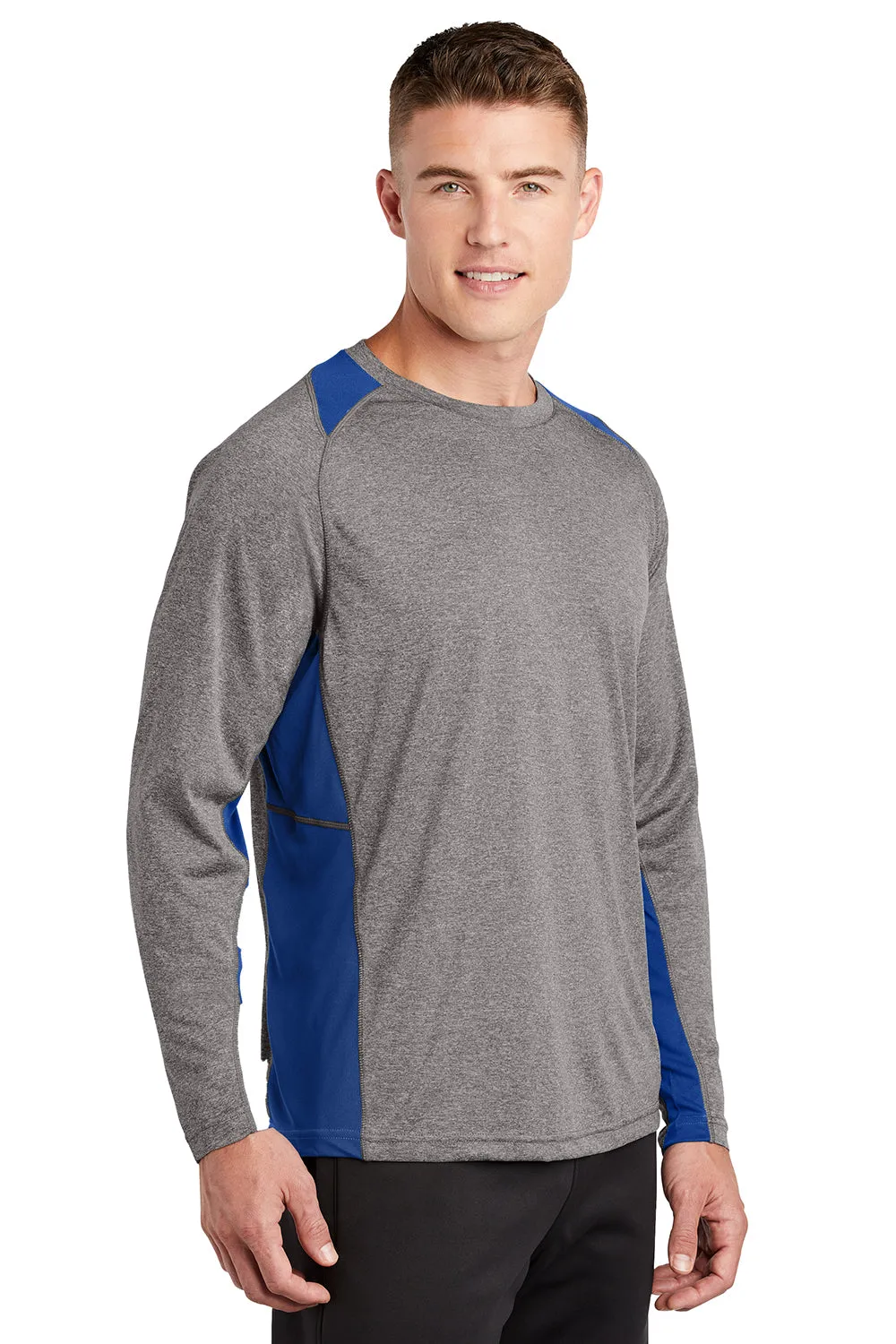 Sport-Tek Mens Contender Heather Moisture Wicking Long Sleeve Crewneck T-Shirt - Heather Vintage Grey/Royal Blue Clothing Sport-Tek
