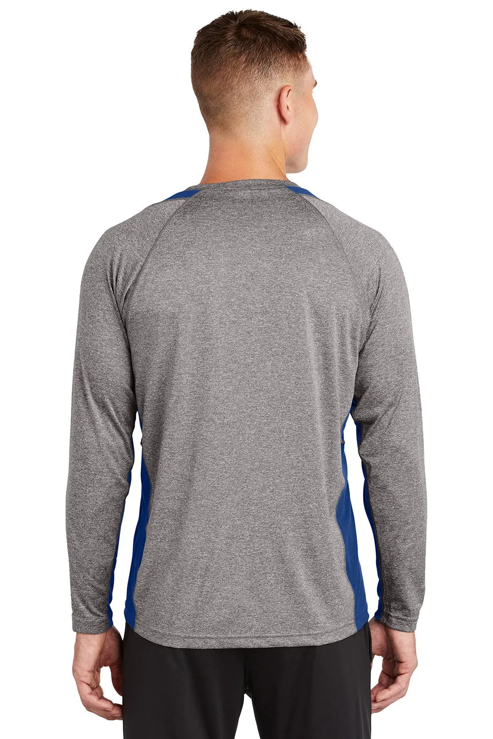 Sport-Tek Mens Contender Heather Moisture Wicking Long Sleeve Crewneck T-Shirt - Heather Vintage Grey/Royal Blue Clothing Sport-Tek