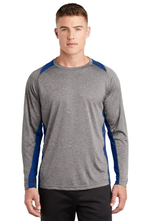 Sport-Tek Mens Contender Heather Moisture Wicking Long Sleeve Crewneck T-Shirt - Heather Vintage Grey/Royal Blue Clothing Sport-Tek