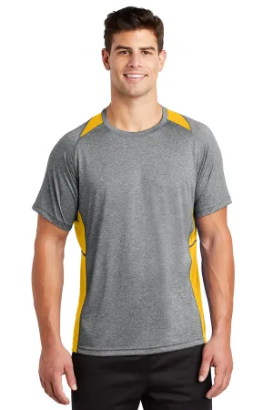 Sport-Tek Mens Contender Heather Moisture Wicking Short Sleeve Crewneck T-Shirt - Heather Vintage Grey/Gold Clothing Sport-Tek