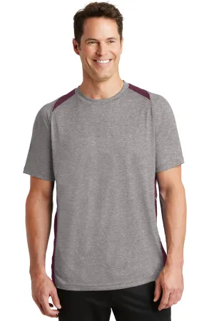 Sport-Tek Mens Contender Heather Moisture Wicking Short Sleeve Crewneck T-Shirt - Heather Vintage Grey/Maroon - Closeout Clothing Sport-Tek