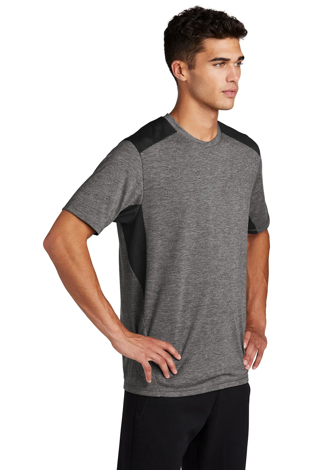 Sport-Tek Mens Draft Moisture Wicking Short Sleeve Crewneck T-Shirt - Heather Dark Grey/Black Clothing Sport-Tek