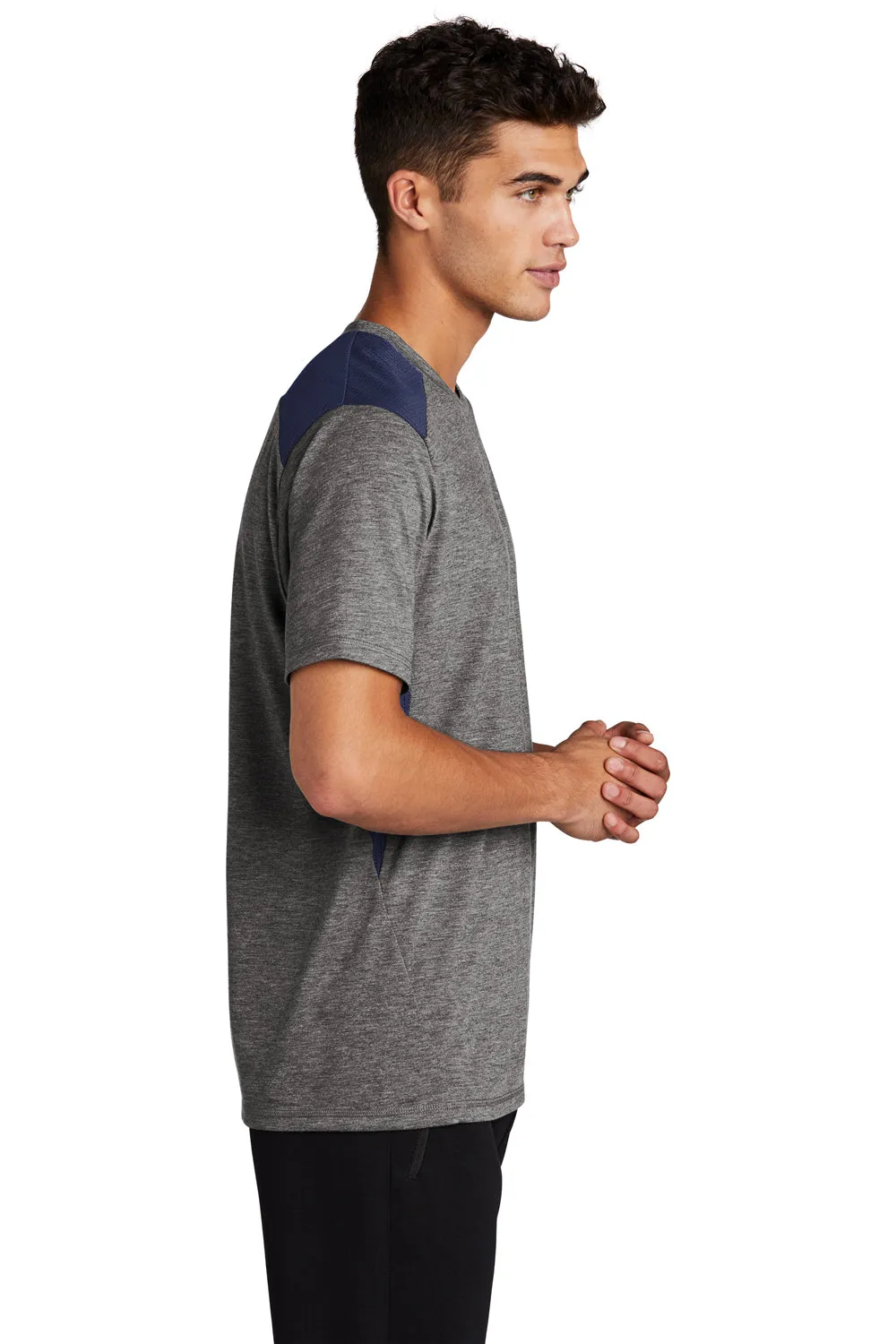 Sport-Tek Mens Draft Moisture Wicking Short Sleeve Crewneck T-Shirt - Heather Dark Grey/True Navy Blue Clothing Sport-Tek