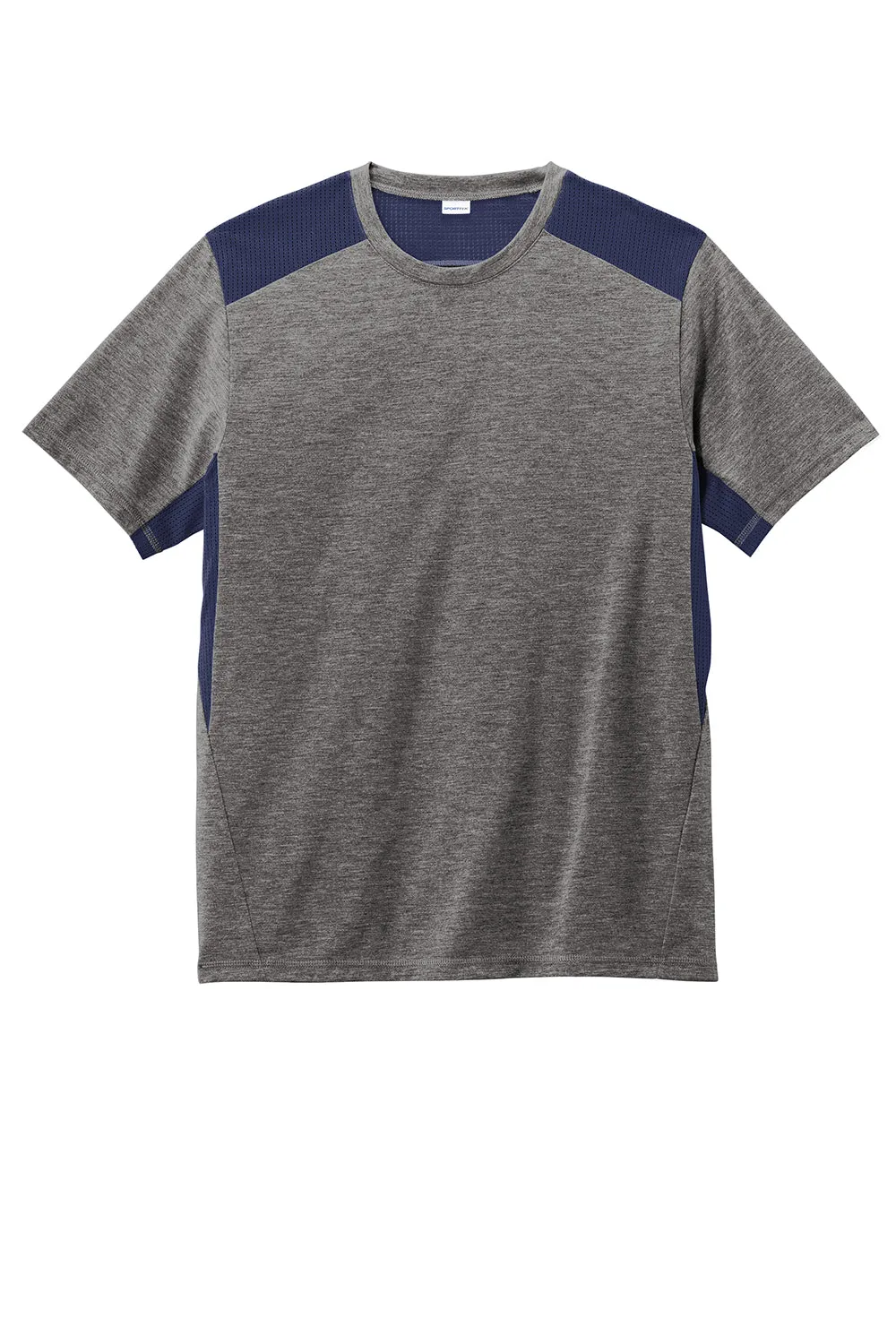 Sport-Tek Mens Draft Moisture Wicking Short Sleeve Crewneck T-Shirt - Heather Dark Grey/True Navy Blue Clothing Sport-Tek