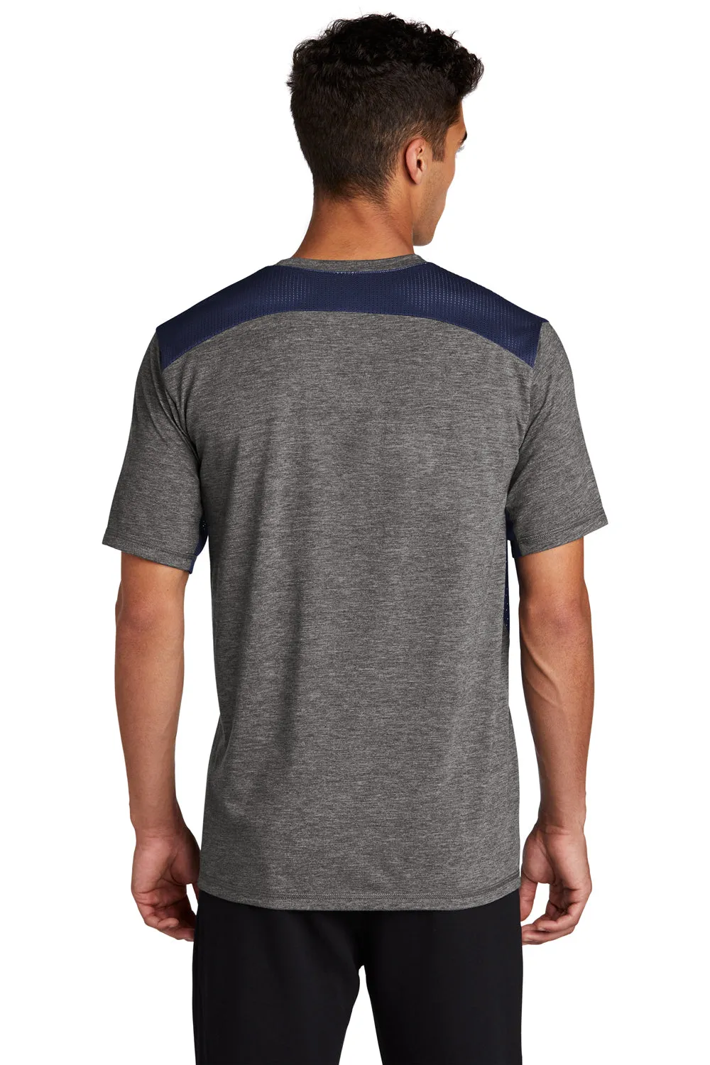 Sport-Tek Mens Draft Moisture Wicking Short Sleeve Crewneck T-Shirt - Heather Dark Grey/True Navy Blue Clothing Sport-Tek