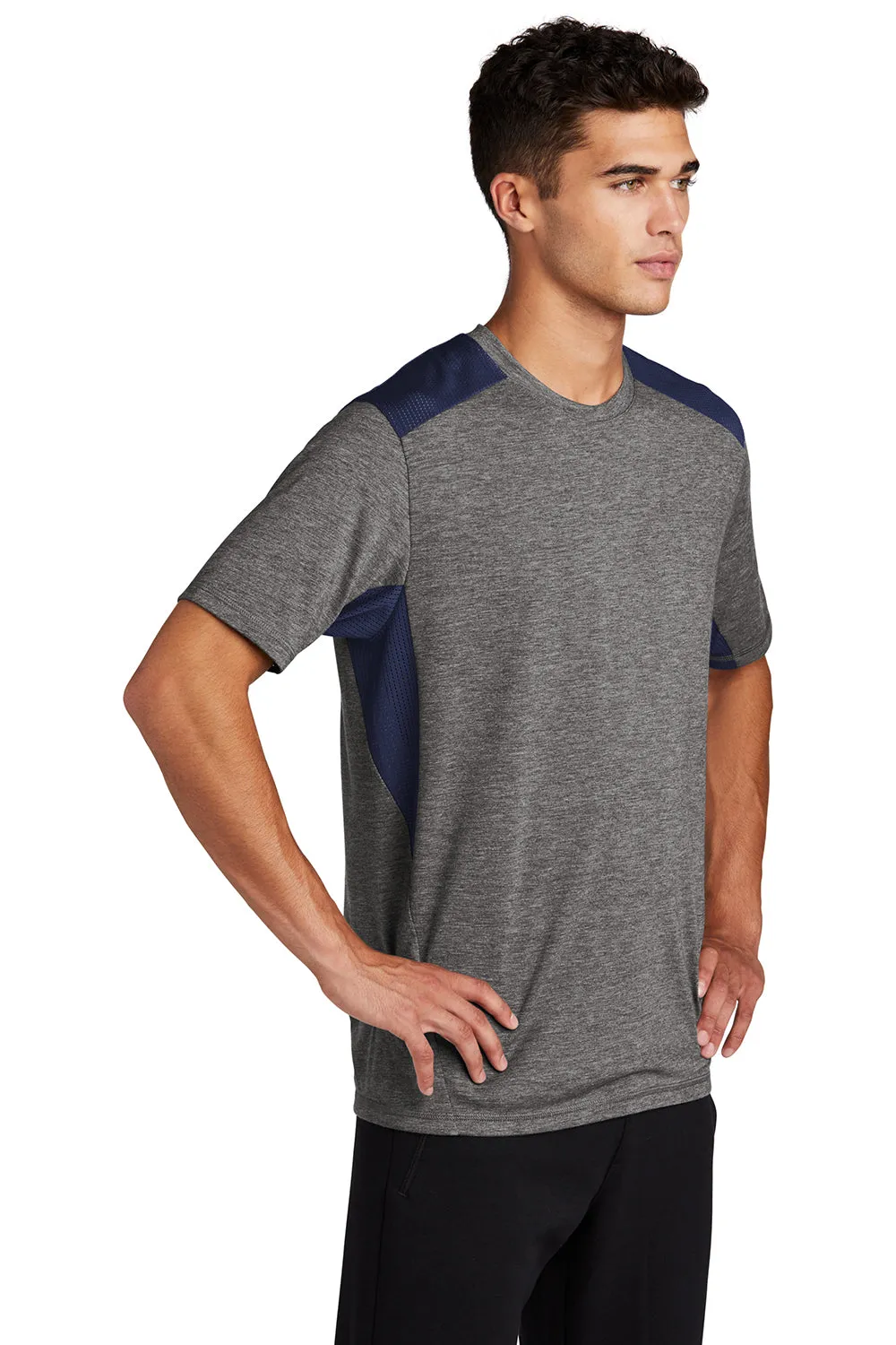 Sport-Tek Mens Draft Moisture Wicking Short Sleeve Crewneck T-Shirt - Heather Dark Grey/True Navy Blue Clothing Sport-Tek