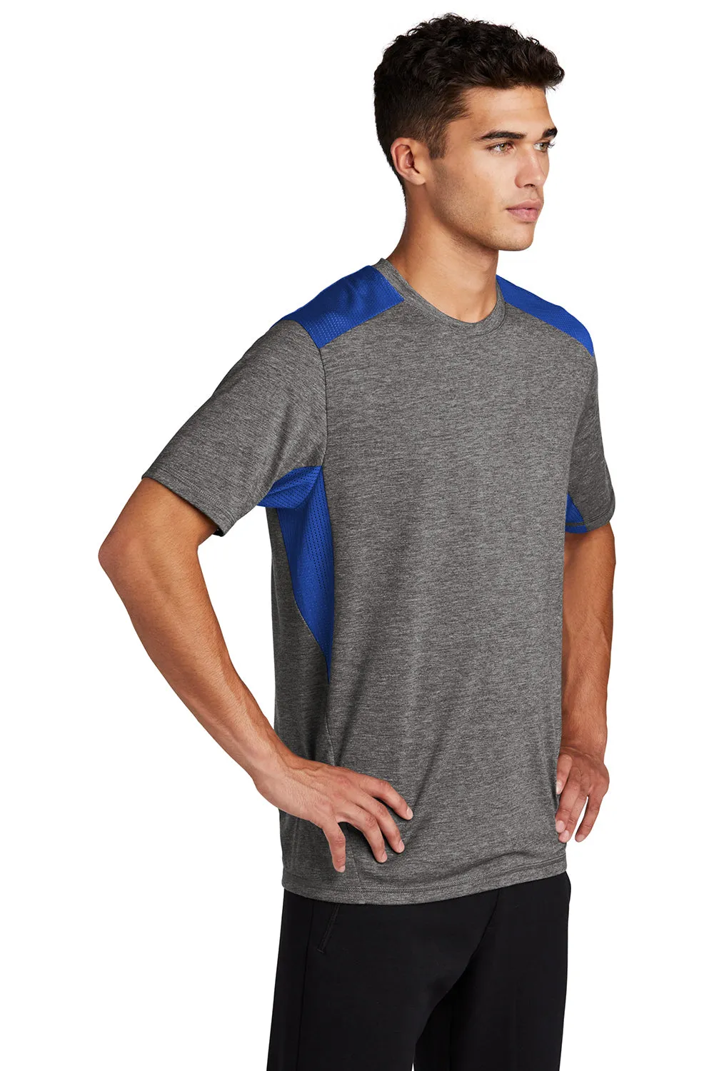 Sport-Tek Mens Draft Moisture Wicking Short Sleeve Crewneck T-Shirt - Heather Dark Grey/True Royal Blue Clothing Sport-Tek