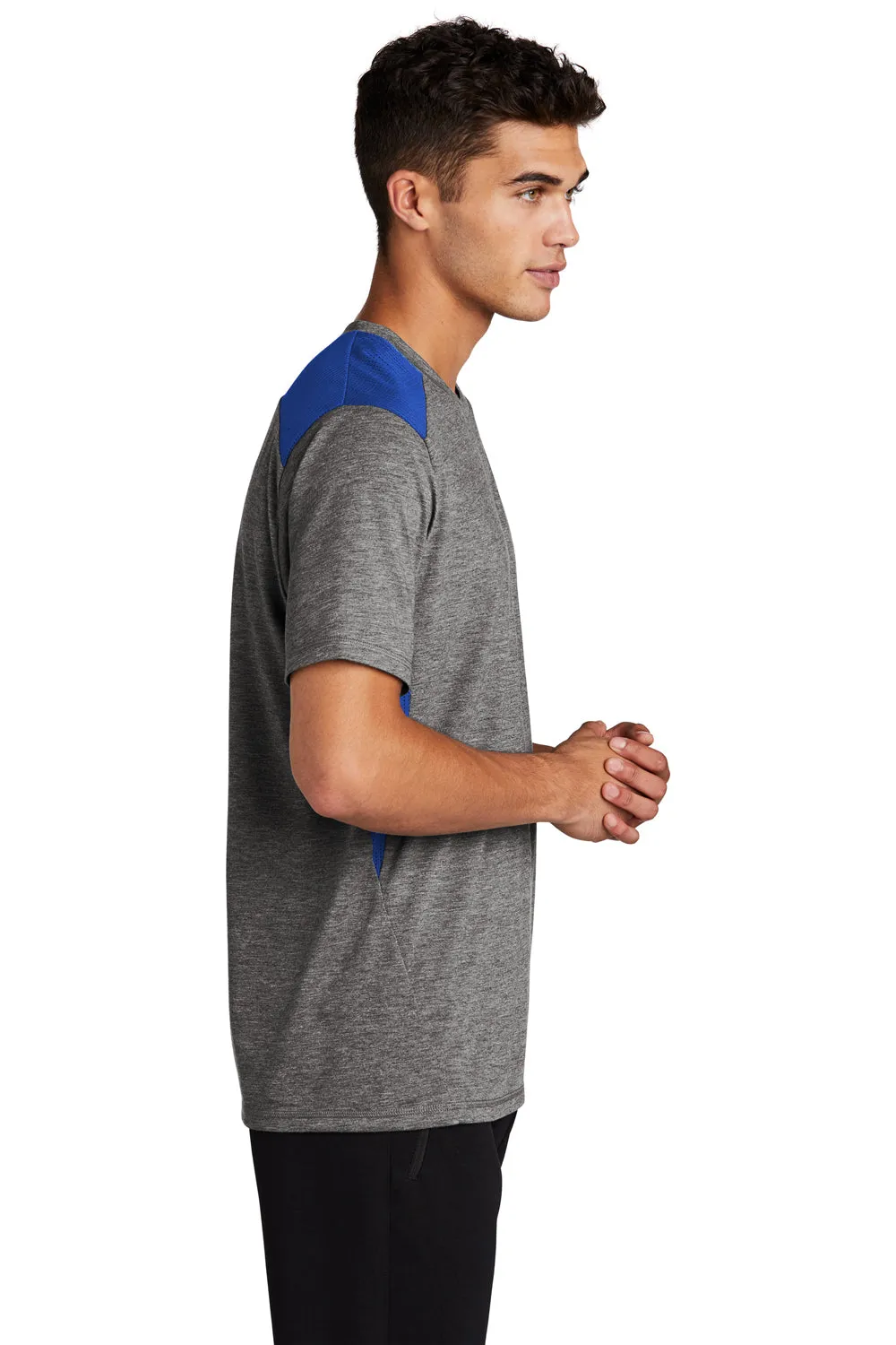 Sport-Tek Mens Draft Moisture Wicking Short Sleeve Crewneck T-Shirt - Heather Dark Grey/True Royal Blue Clothing Sport-Tek